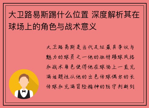 大卫路易斯踢什么位置 深度解析其在球场上的角色与战术意义